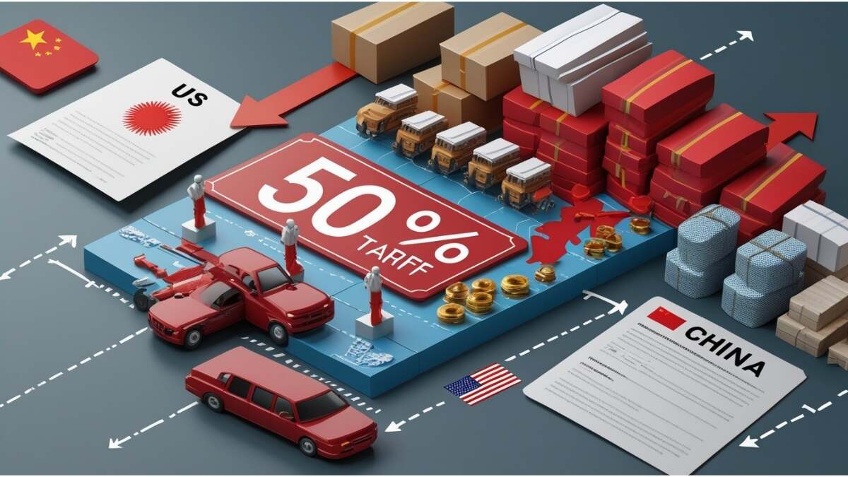Illustration showing US-India trade tensions with a 50% tariff on Indian goods, while China appears to benefit from shifting trade routes and strengthened economic ties with India