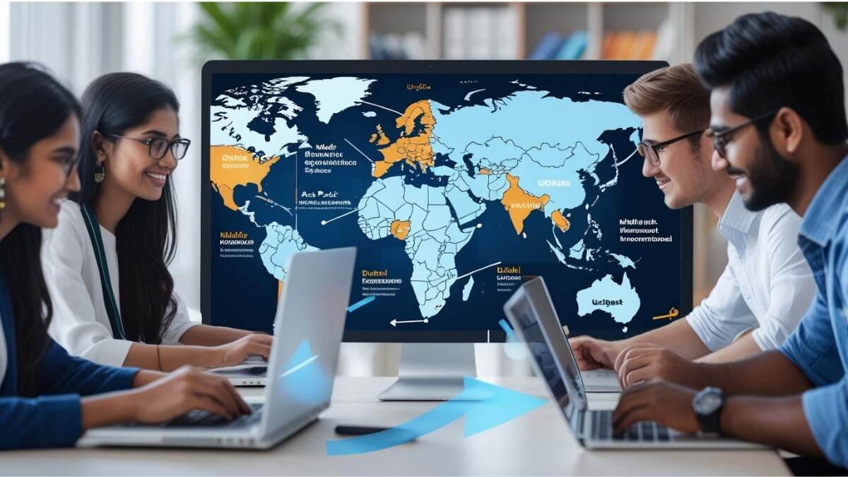 Indian students exploring global online education opportunities with UpGrad, highlighting partnerships in the Middle East, Asia-Pacific, and international campuses