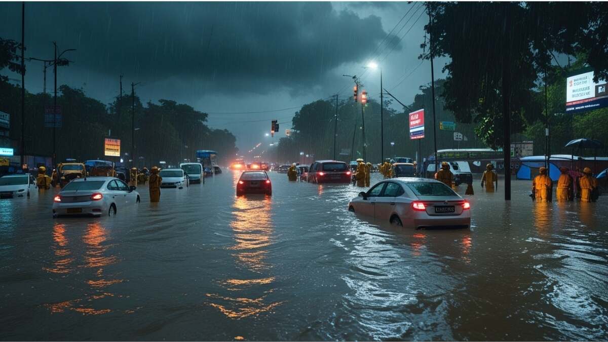 Waterlogged street in Kolkata after heavy overnight rains, with cars stranded in knee-to-waist-deep water and traffic halted. Emergency teams work to manage the flooding