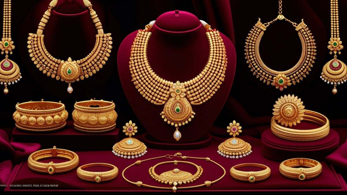 Traditional gold jewelry including necklaces, bangles, earrings, and rings displayed on velvet with festive decorations, symbolizing cultural demand and investment value