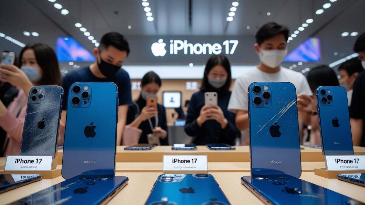Deep blue iPhone 17 Pro and Pro Max on display in Apple store with visible scratches, shoppers examining devices in Shanghai