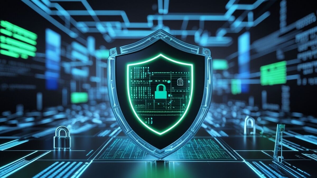 Freelancer working from home on laptop with cyber insurance protection concept