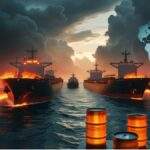 Oil barrels and rising graph showing global crude oil price increase due to geopolitical tensions