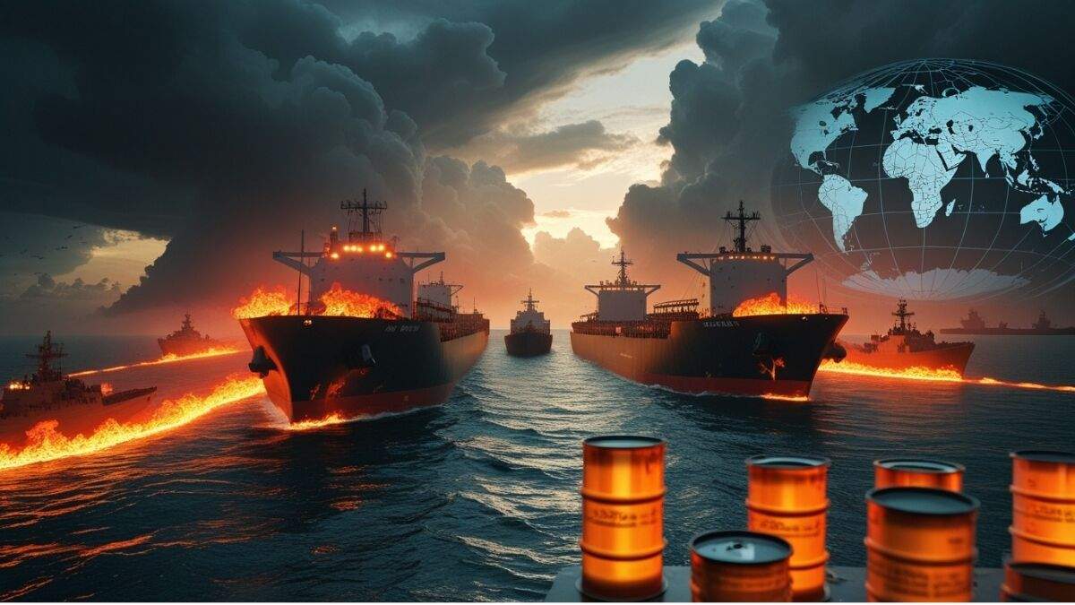 Oil barrels and rising graph showing global crude oil price increase due to geopolitical tensions