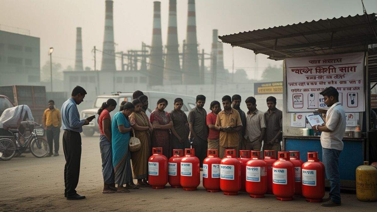 Affordable 5kg LPG cylinder for migrant workers showing price ₹1500, Aadhaar-based access and low-cost refill system