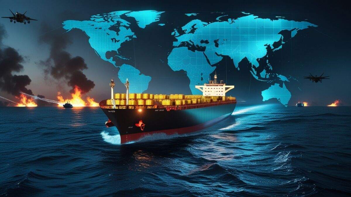 Oil barrels with global map highlighting Strait of Hormuz amid Middle East tensions and rising crude oil prices