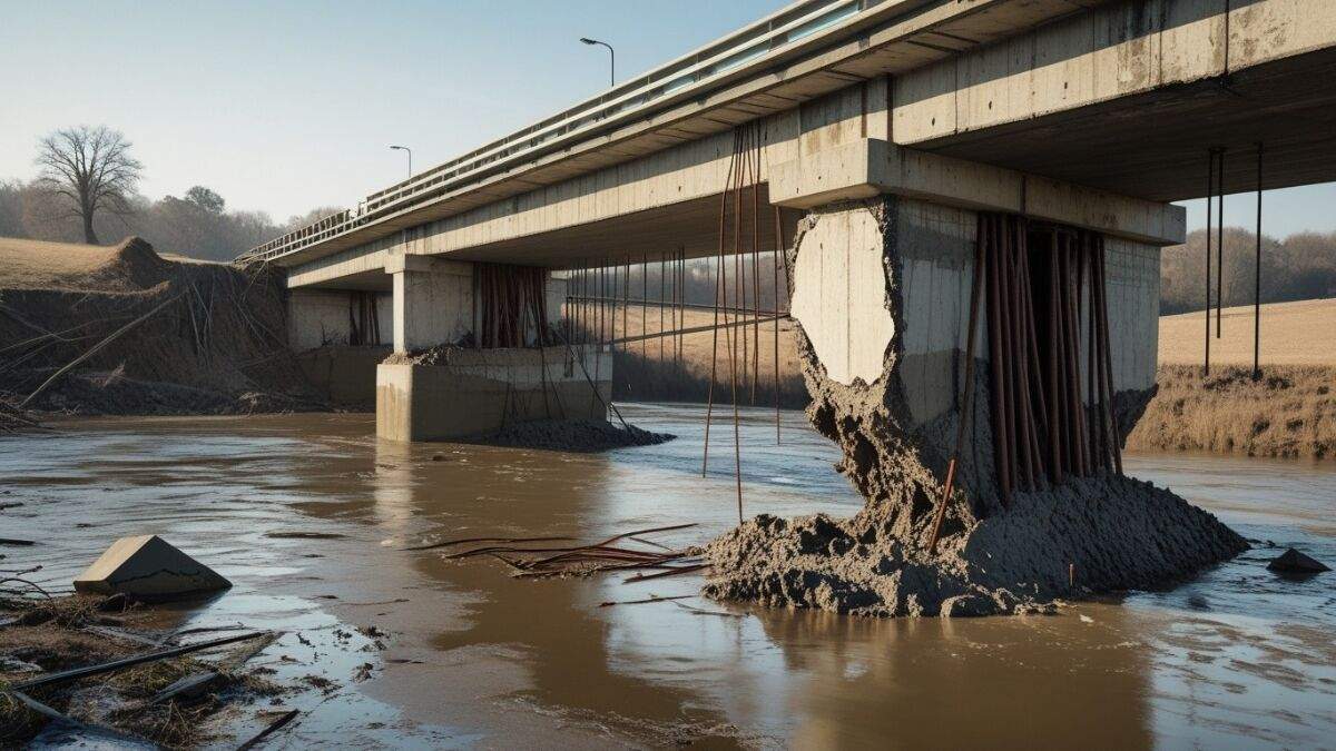 Nalanda Sakri River Bridge collapse news showing damaged pillars and exposed iron rods in Bihar