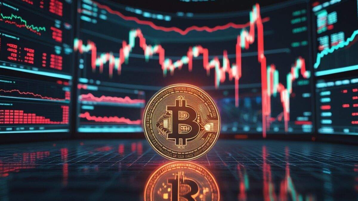 Bitcoin volatility index गिरावट और ETF आउटफ्लो का प्रतीकात्मक ग्राफ