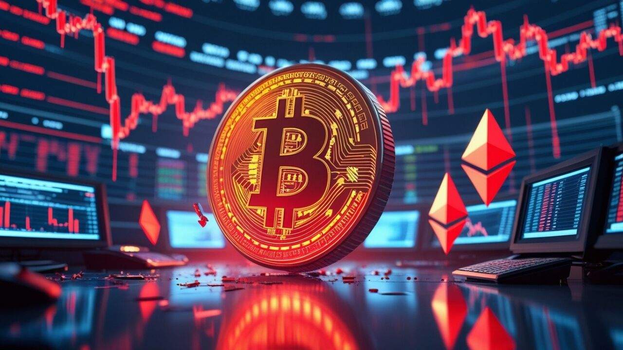 Bitcoin और Ethereum की गिरती कीमतों को दिखाता क्रिप्टो मार्केट ग्राफ