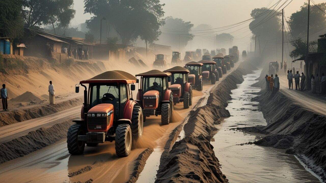 महेशपुर में नदी घाट से रेत ले जाते ट्रैक्टर और अवैध खनन का दृश्य