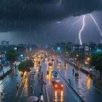 जमशेदपुर में बारिश और तेज़ हवाओं के दौरान सड़क का दृश्य