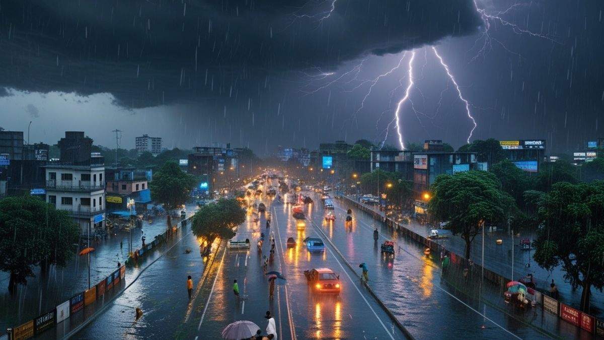 जमशेदपुर में बारिश और तेज़ हवाओं के दौरान सड़क का दृश्य