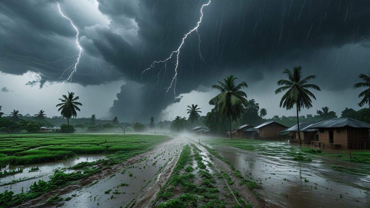 भारत में मॉनसून बादल, तेज हवाएं और बारिश का दृश्य दर्शाता मौसम पूर्वानुमान ग्राफिक