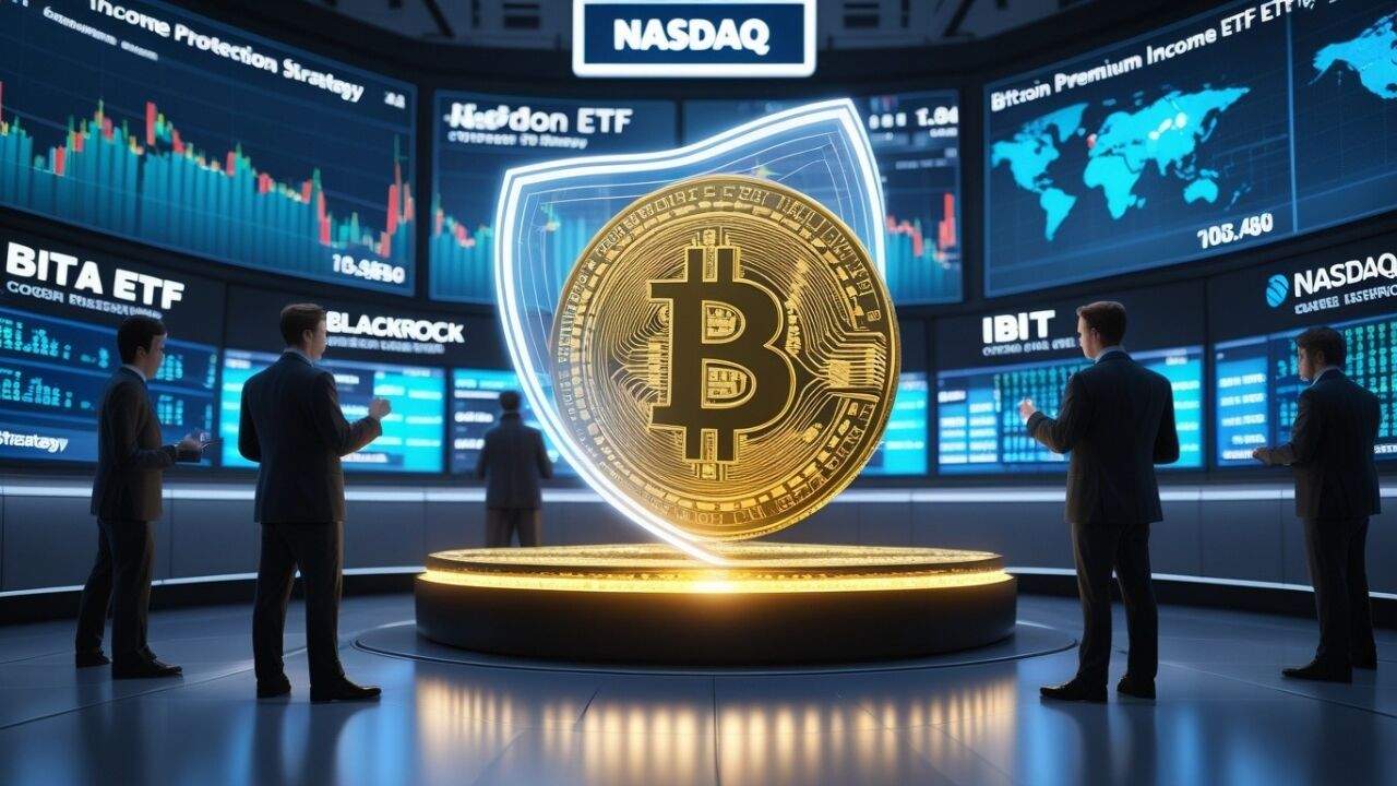 BlackRock BITA ETF लॉन्च और बिटकॉइन इनकम निवेश का डिजिटल ग्राफिक