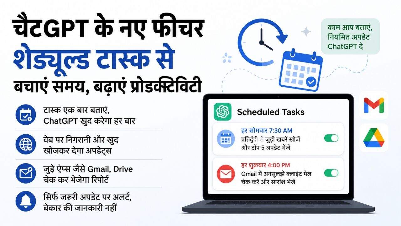 ChatGPT Scheduled Tasks फीचर में AI वेब और Gmail से ऑटोमैटिक अपडेट तैयार करता हुआ