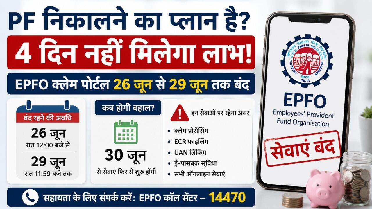 EPFO क्लेम सर्विस 4 दिन बंद होने की जानकारी दिखाता हुआ प्रतीकात्मक चित्र, जिसमें PF, UAN और ऑनलाइन सेवाओं का संकेत है।
