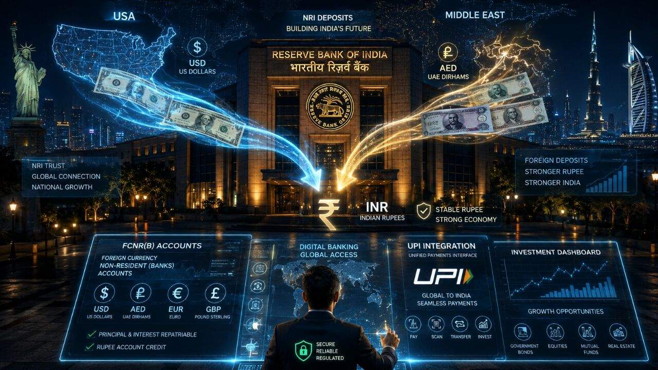 Illustration of RBI headquarters at night with holographic global currency flows converting NRI deposits into Indian rupees, symbolizing financial stability, digital banking, FCNR(B) accounts, UPI integration, and global investment connectivity.