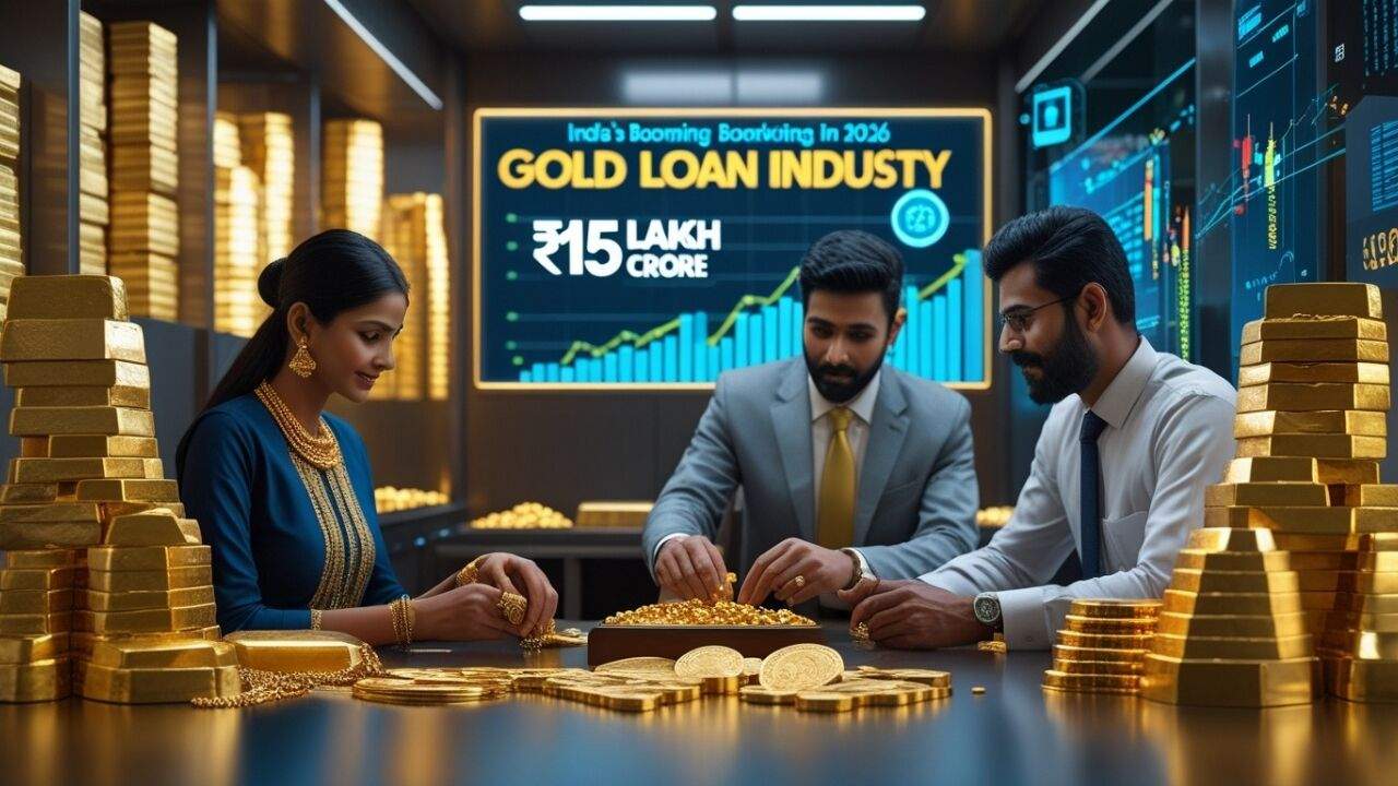 भारत में बढ़ती गोल्ड लोन इंडस्ट्री को दर्शाते हुए सोने के आभूषण और नकदी