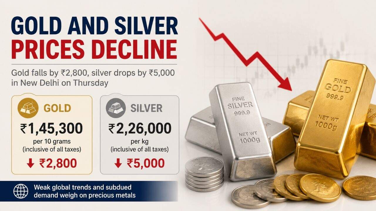 सोने और चांदी की कीमतों में गिरावट को दर्शाती सोने की ईंटें और चांदी के सिक्के