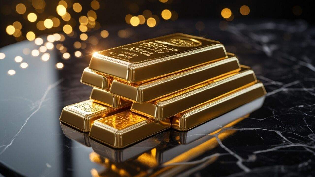 भारत के प्रमुख शहरों में 24 कैरेट सोने और चांदी के ताजा भाव दिखाता हुआ गोल्ड बार और आभूषण