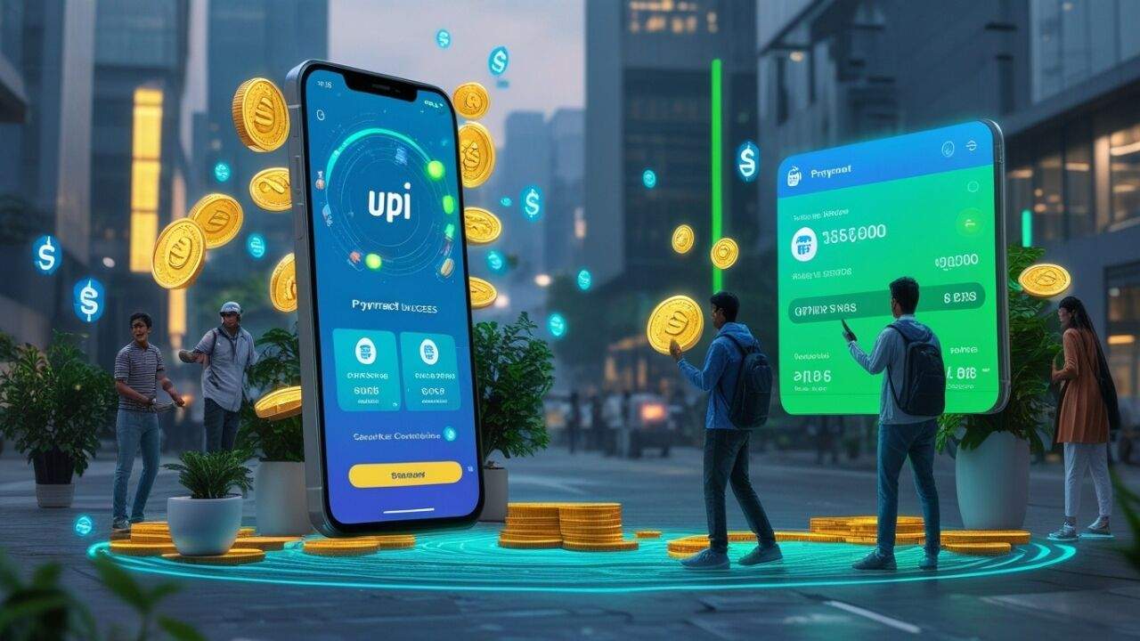 UPI कैशबैक ऑफर दिखाते हुए मोबाइल ऐप और डिजिटल भुगतान का दृश्य