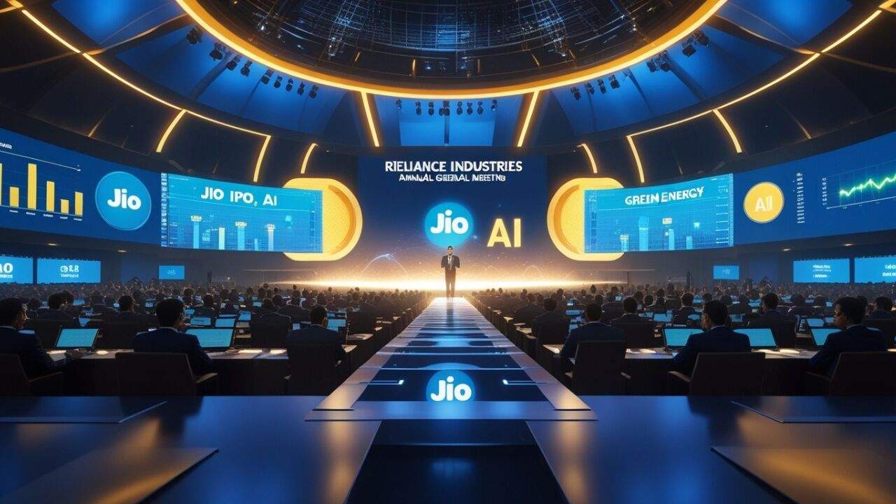Reliance Industries AGM 2026 where Mukesh Ambani addresses investors on a futuristic stage with screens showing Jio IPO, AI expansion, and green energy growth plans.