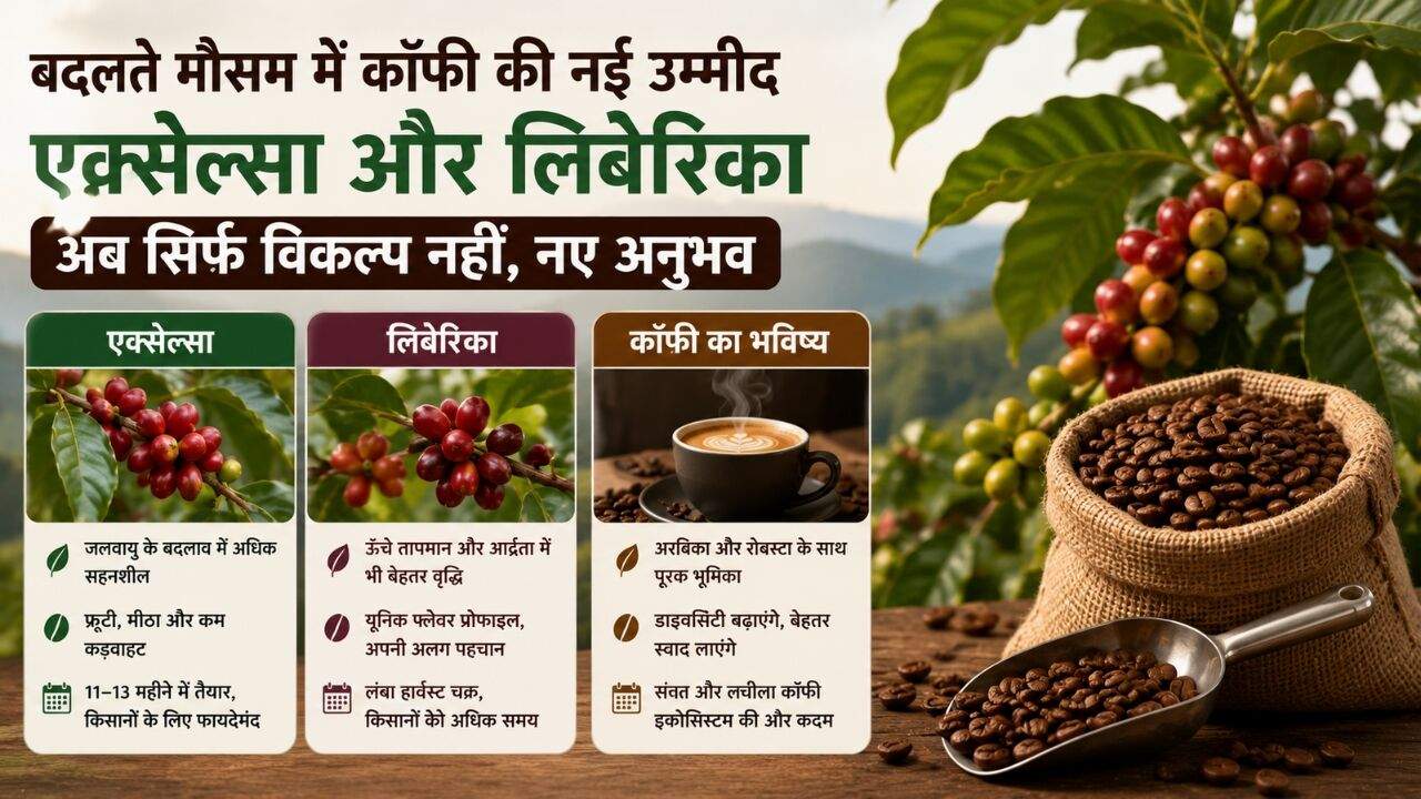चिक्कमगलुरु के कॉफी बागान में लाइबेरिका और एक्सेलसा कॉफी के पेड़ों के बीच खड़े कॉफी किसान।