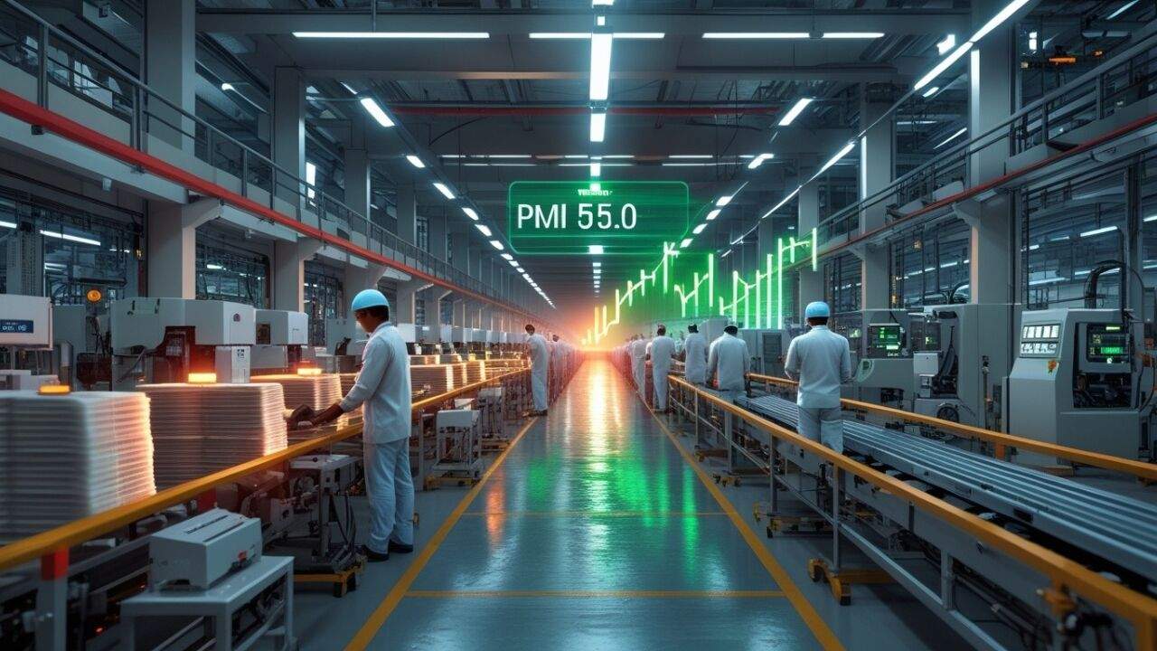 मई 2026 में भारत का मैन्युफैक्चरिंग PMI 55.0 पर पहुंचने के बाद फैक्ट्री में उत्पादन करते कर्मचारी