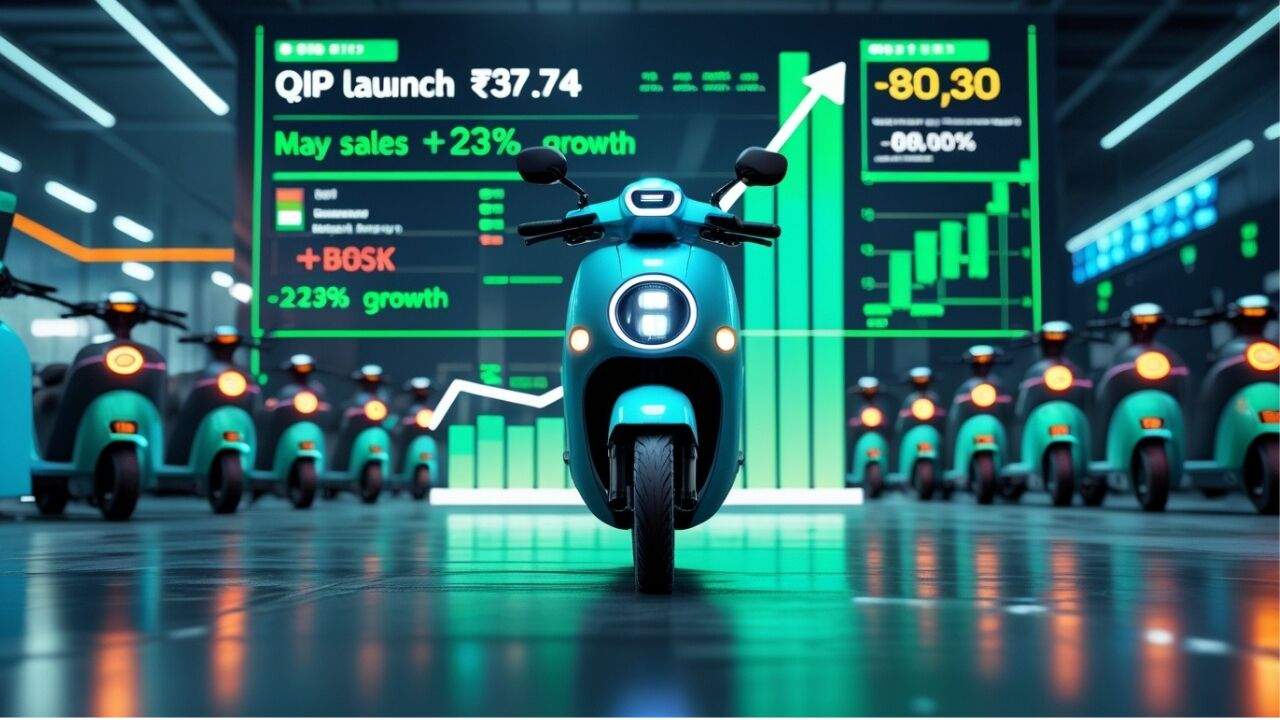 Ola Electric QIP लॉन्च, मई 2026 बिक्री वृद्धि और FY26 वित्तीय परिणाम दर्शाता ग्राफिक