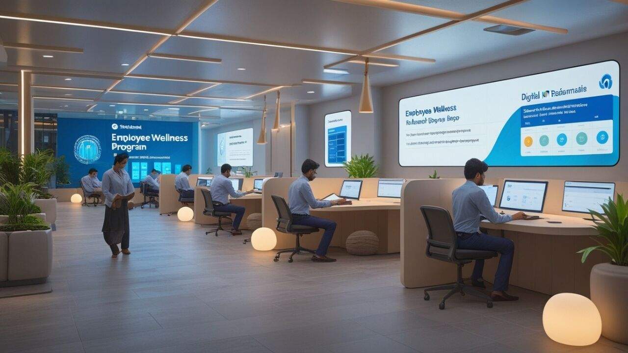 SBI कर्मचारी वेलनेस प्रोग्राम और डिजिटल कार्यस्थल परिवर्तन को दर्शाता चित्र