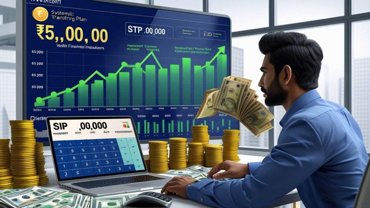 STP बनाम SIP निवेश रणनीति की तुलना दिखाता हुआ वित्तीय ग्राफ और निवेश योजना