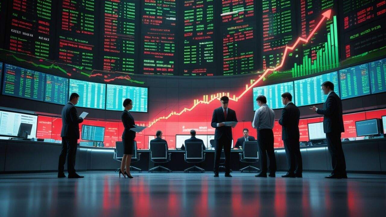 NSE भवन के सामने शेयर बाजार के आंकड़े और गिरता मुनाफा दर्शाता ग्राफ