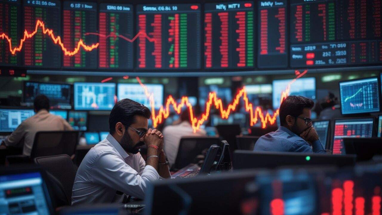 शेयर बाजार में गिरावट का ग्राफ दिखता हुआ निफ्टी और सेंसेक्स चार्ट