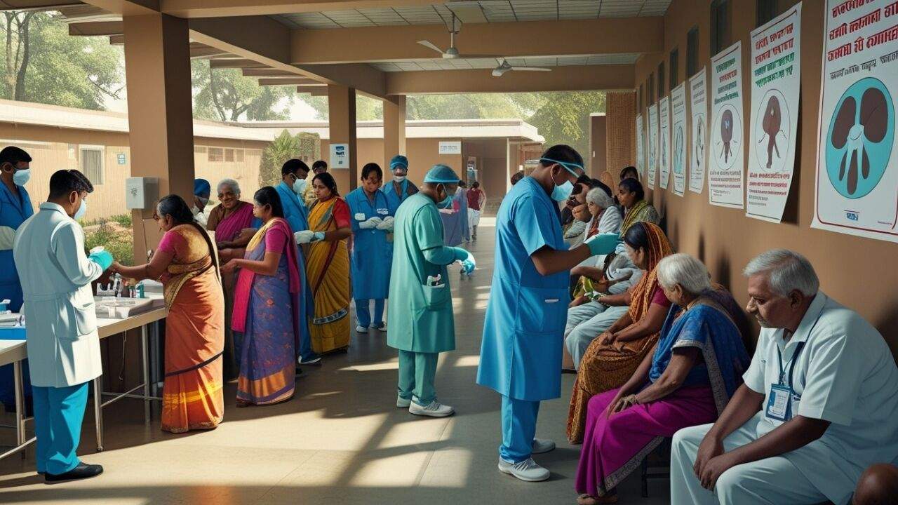रांची में टीबी स्क्रीनिंग अभियान के दौरान स्वास्थ्यकर्मी मरीज की जांच करते हुए