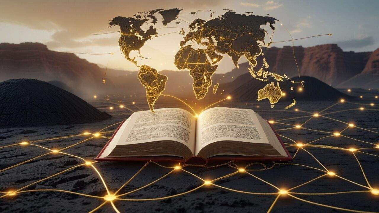 द वेल्थ नेटवर्क्स किताब का कवर और आर्थिक इतिहास व व्यापार नेटवर्क की झलक दिखाता चित्र