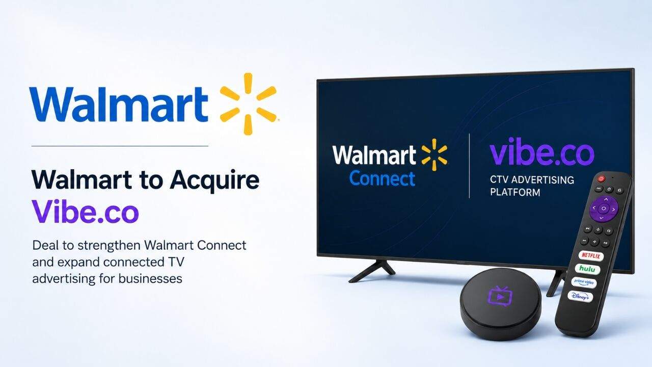 Walmart द्वारा Vibe.co के अधिग्रहण और Connected TV विज्ञापन प्लेटफ़ॉर्म का प्रतीकात्मक चित्र