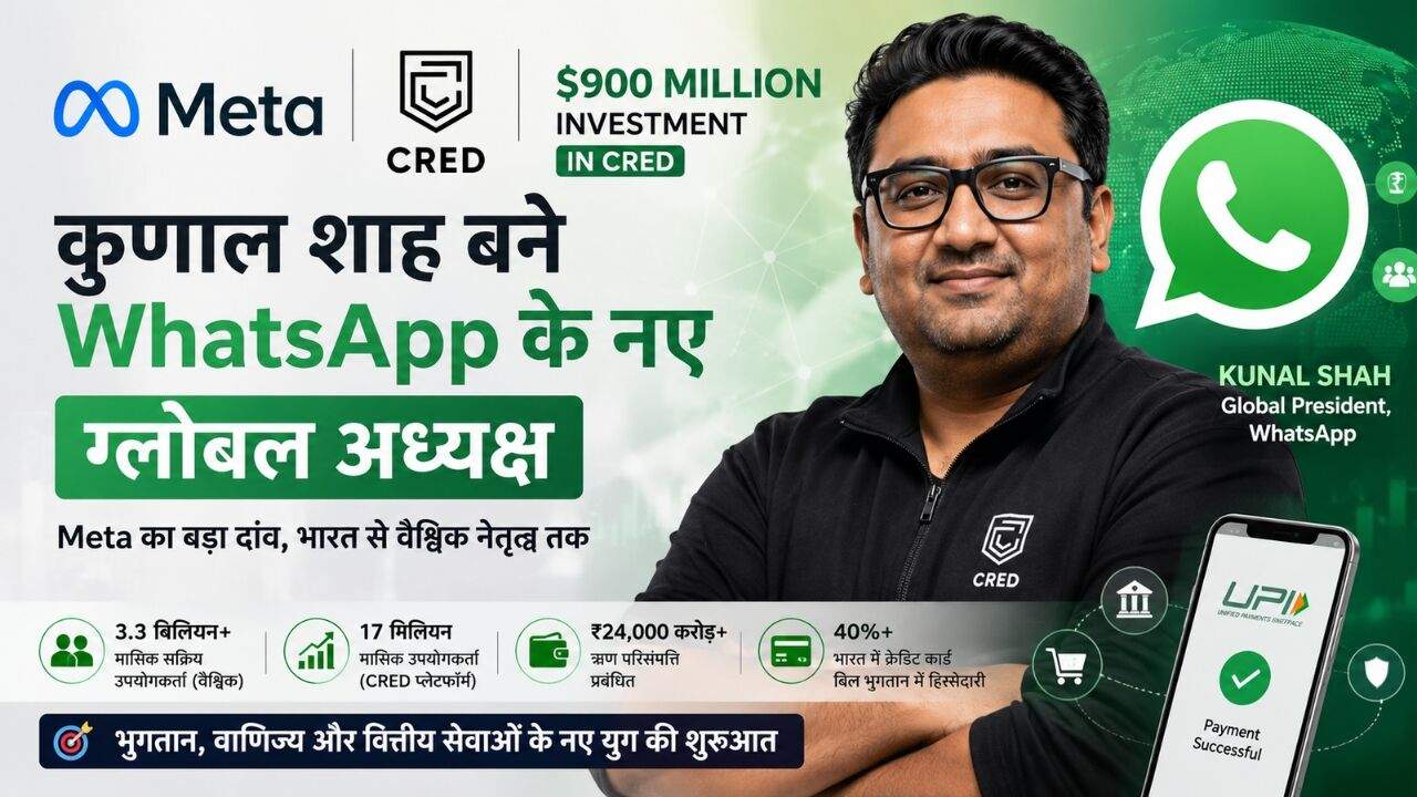 कुणाल शाह WhatsApp के नए ग्लोबल अध्यक्ष बनने के बाद Meta और CRED निवेश से जुड़ी सांकेतिक तस्वीर।
