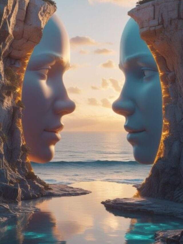 surreal ocean portal fantasy landscape with human silhouette cliff
