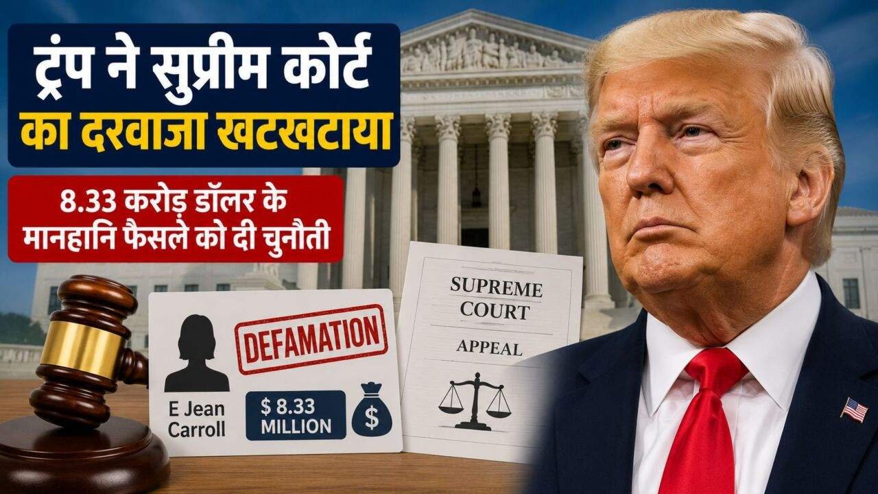 Trump Supreme Court Appeal से जुड़ी सांकेतिक तस्वीर, जिसमें Donald Trump और अदालत का दृश्य।