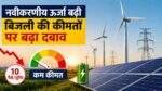 सोलर पैनल और पवन टरबाइन के साथ बिजली ग्रिड का दृश्य, Renewable Energy बढ़ने से बिजली की कीमतों पर बढ़ते दबाव को दिखाती फीचर इमेज।