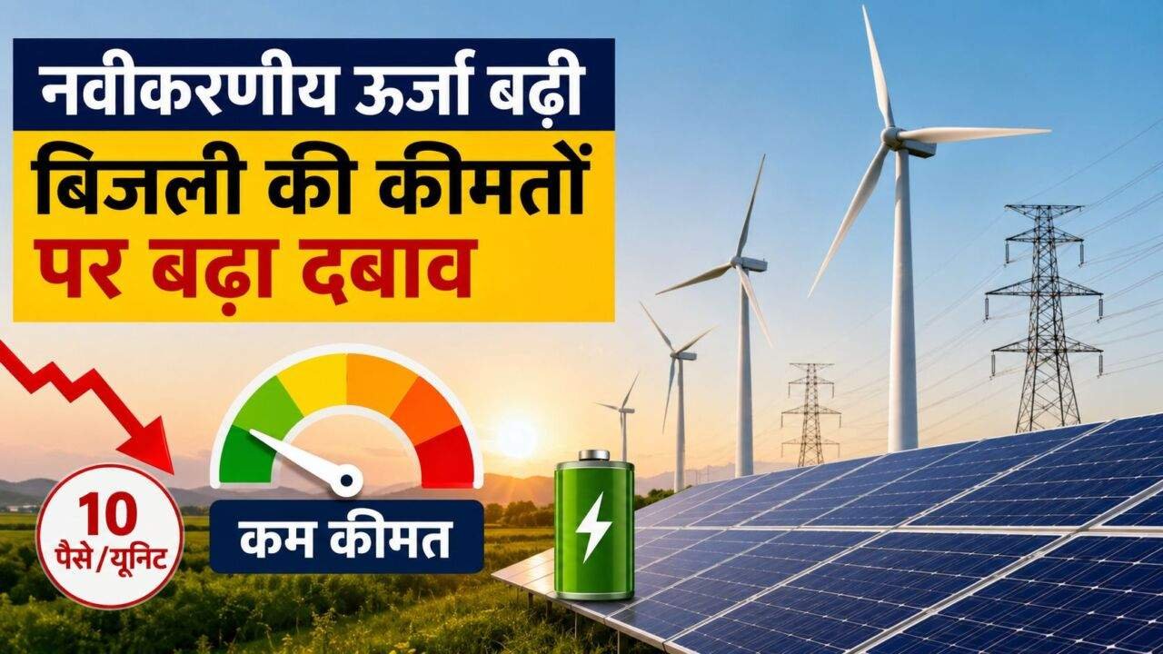 सोलर पैनल और पवन टरबाइन के साथ बिजली ग्रिड का दृश्य, Renewable Energy बढ़ने से बिजली की कीमतों पर बढ़ते दबाव को दिखाती फीचर इमेज।