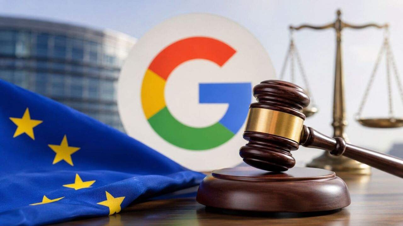 Google Fine News: यूरोप में Google पर जुर्माने के बाद कानूनी कार्रवाई का प्रतीक।