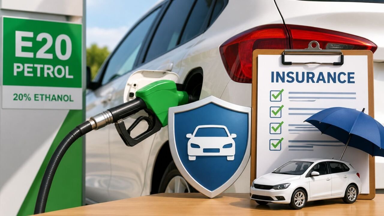 E20 Petrol Insurance की जानकारी दिखाती सांकेतिक तस्वीर, जिसमें वाहन और फ्यूल पंप दिखाई दे रहे हैं।