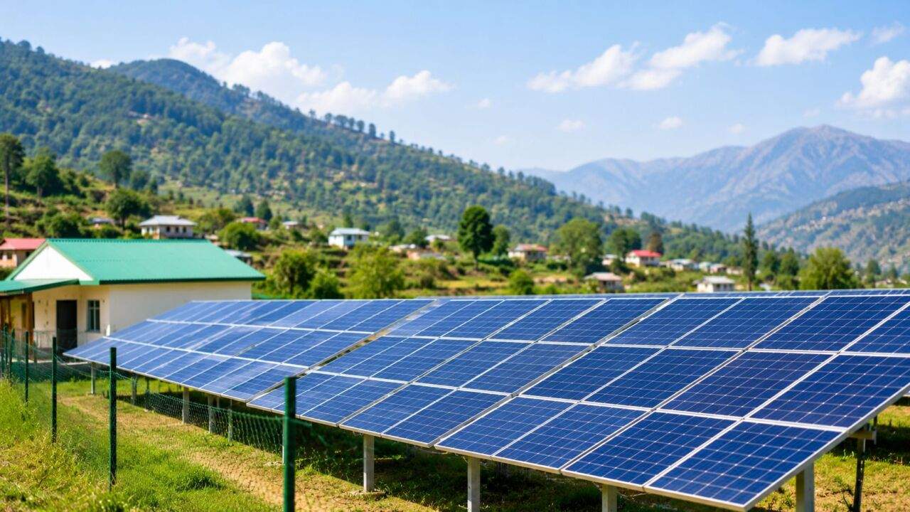 Solar पावर प्रोजेक्ट का उद्घाटन और सोलर पैनलों का दृश्य।