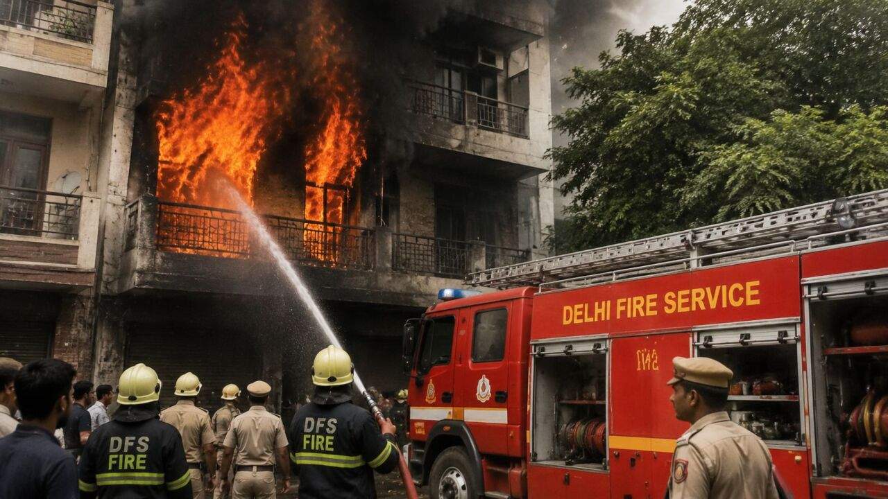दिल्ली आग हादसा में दमकलकर्मी राहत और बचाव कार्य करते हुए