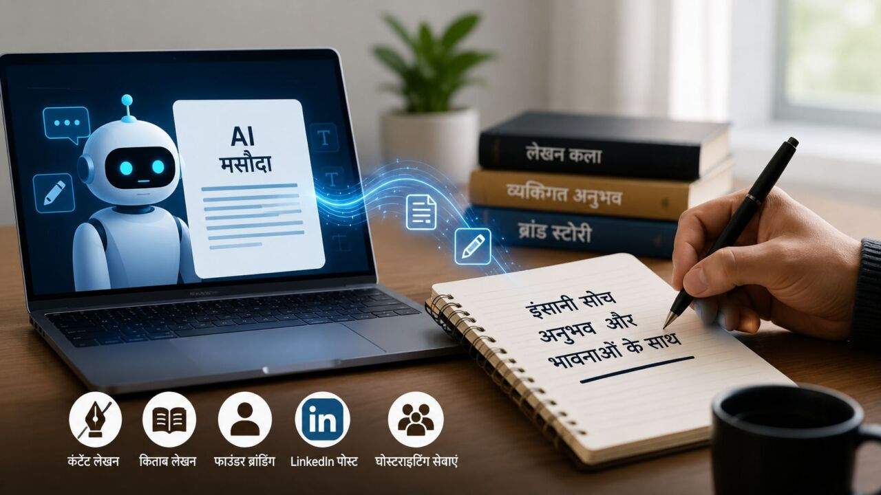 AI Content Writing में कंप्यूटर और इंसानी लेखक साथ काम करते हुए
