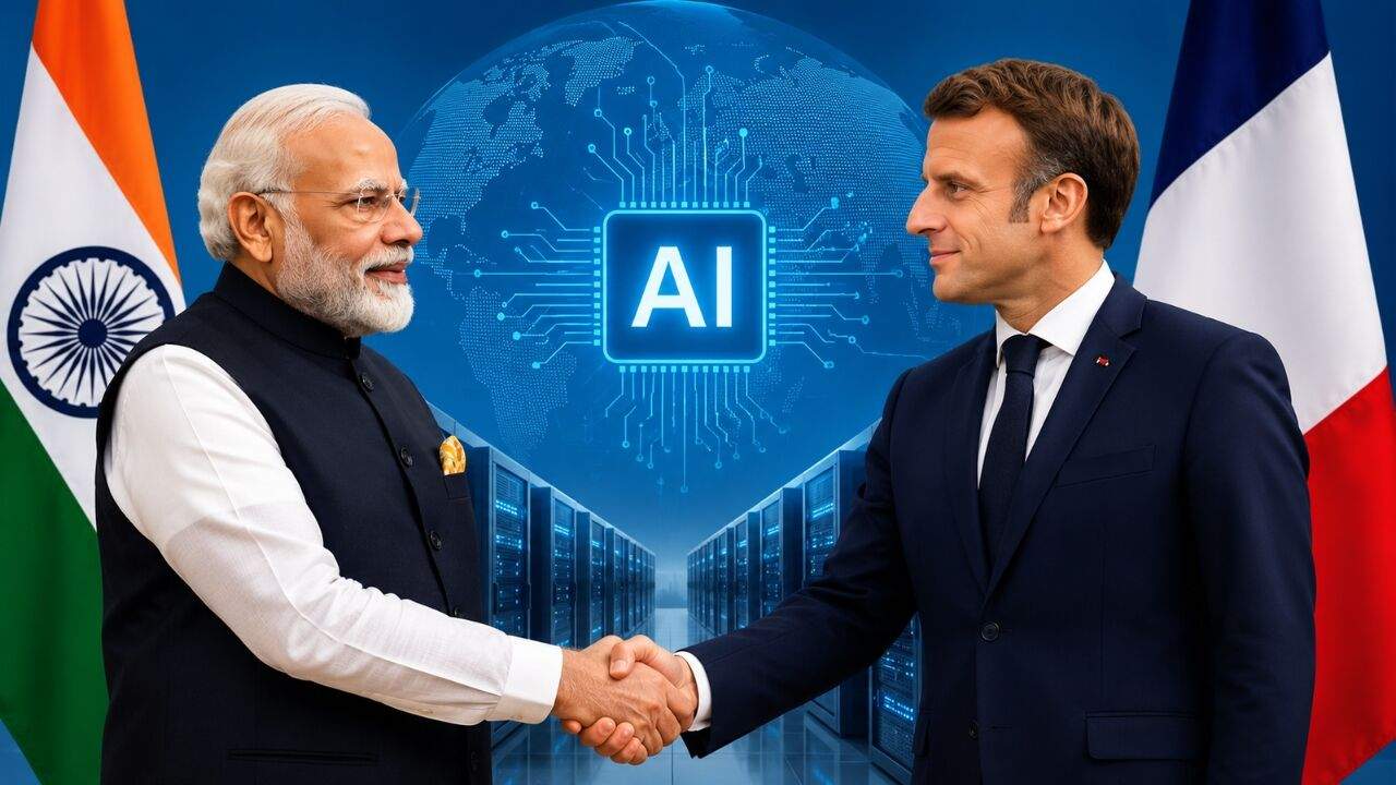 प्रधानमंत्री नरेंद्र मोदी और फ्रांस के राष्ट्रपति इमैनुएल मैक्रों के साथ AI, डेटा सेंटर और टेक निवेश को दर्शाता चित्र।