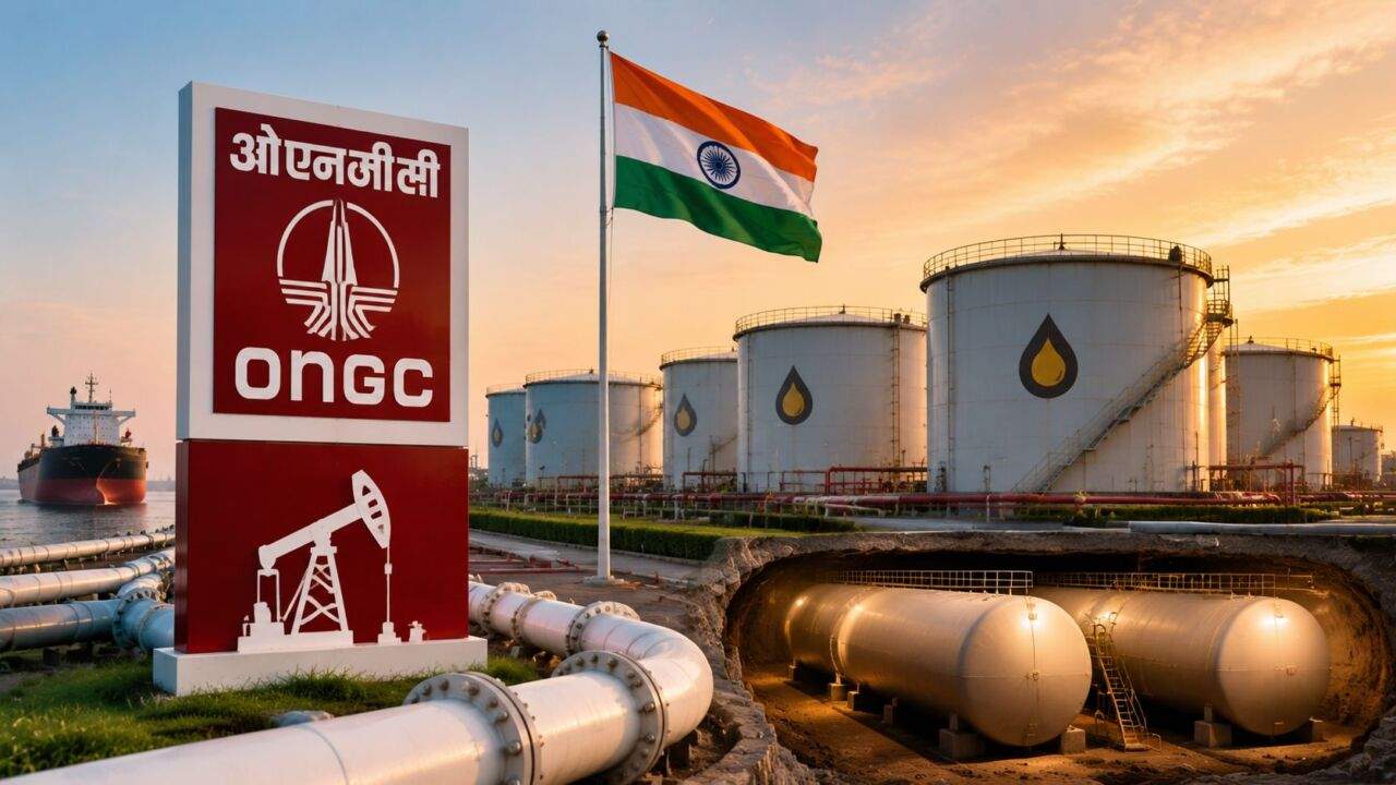 ONGC तेल भंडार परियोजना और कच्चे तेल टैंकों का प्रतीकात्मक दृश्य