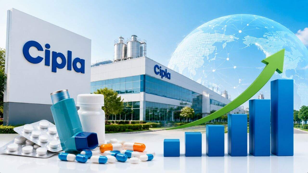Cipla कंपनी की दवाएं, इनहेलर और ग्लोबल फार्मा मार्केट ग्रोथ का सरल ग्राफिकल चित्र