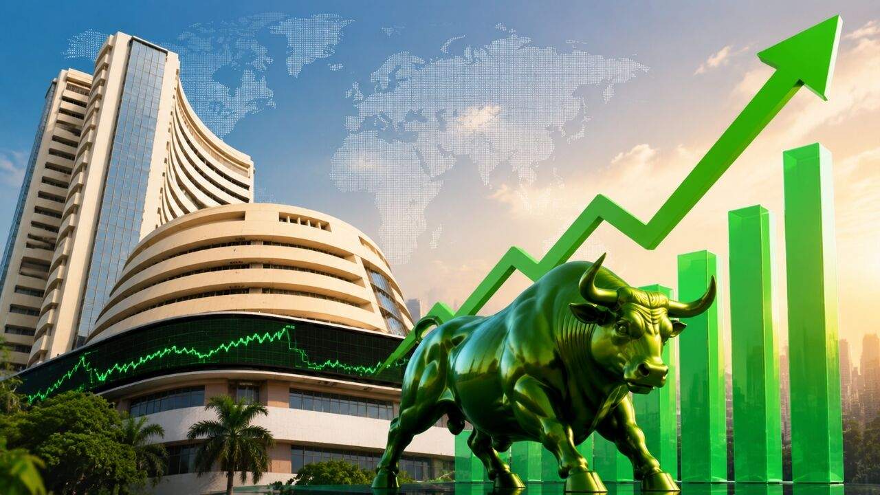 भारतीय शेयर बाजार में सेंसेक्स और निफ्टी की बढ़त, और प्रमुख कंपनियों जैसे Adani, PNB और BPCL से जुड़ी खबरों का ग्राफिकल चित्र